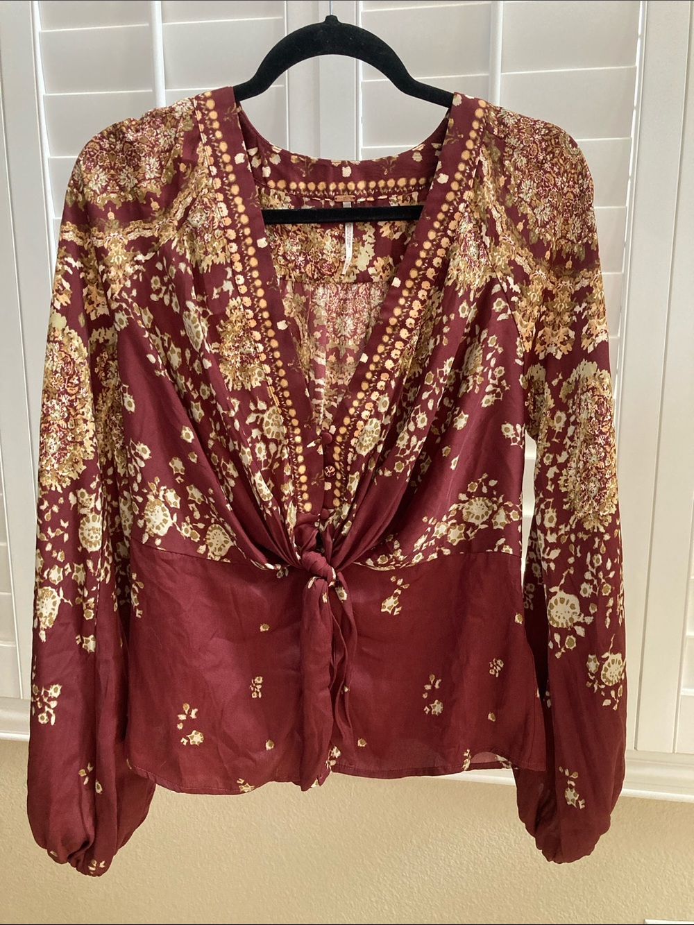 Women Free People Burgundy and Gold Floral Tie-Front Blouse